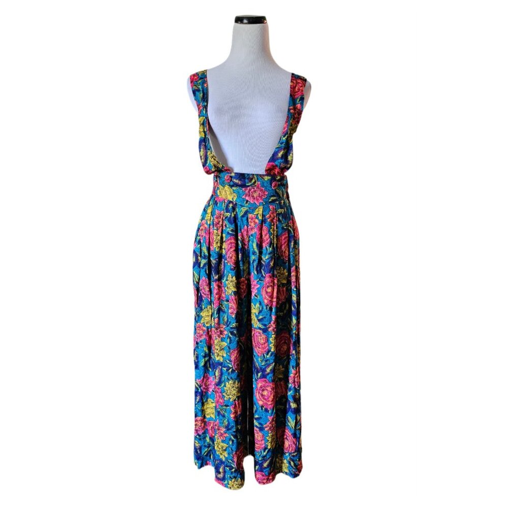 80s - 90s Fundamental Connections floral print wide bottom romper / overall